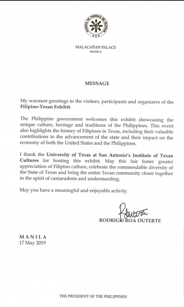 Greetings from the President of the Philippines, Rodrigo Duterte