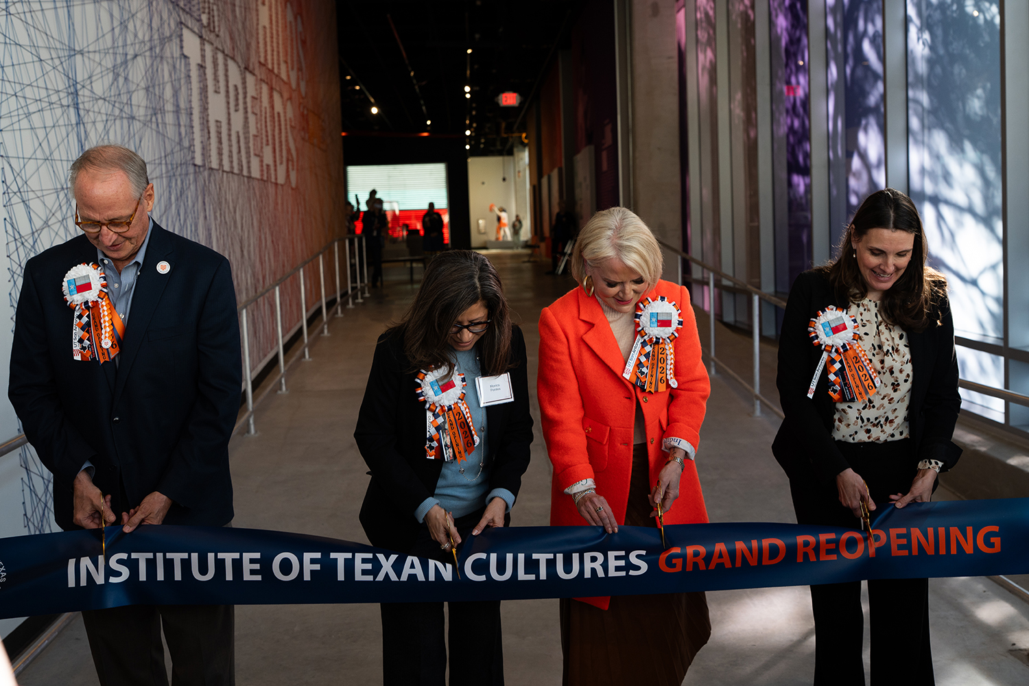 UT San Antonio and local leaders cut the ribbon at the Institute of Texan Cultures: (L to R) President Taylor Eighmy, Associate Vice Provost for the Institute of Texan Cultures Monica Perales, President and CEO of Centro San Antonio Trish DeBerry, and Provost and Senior Executive Vice President for Academic Affairs Heather Shipley.