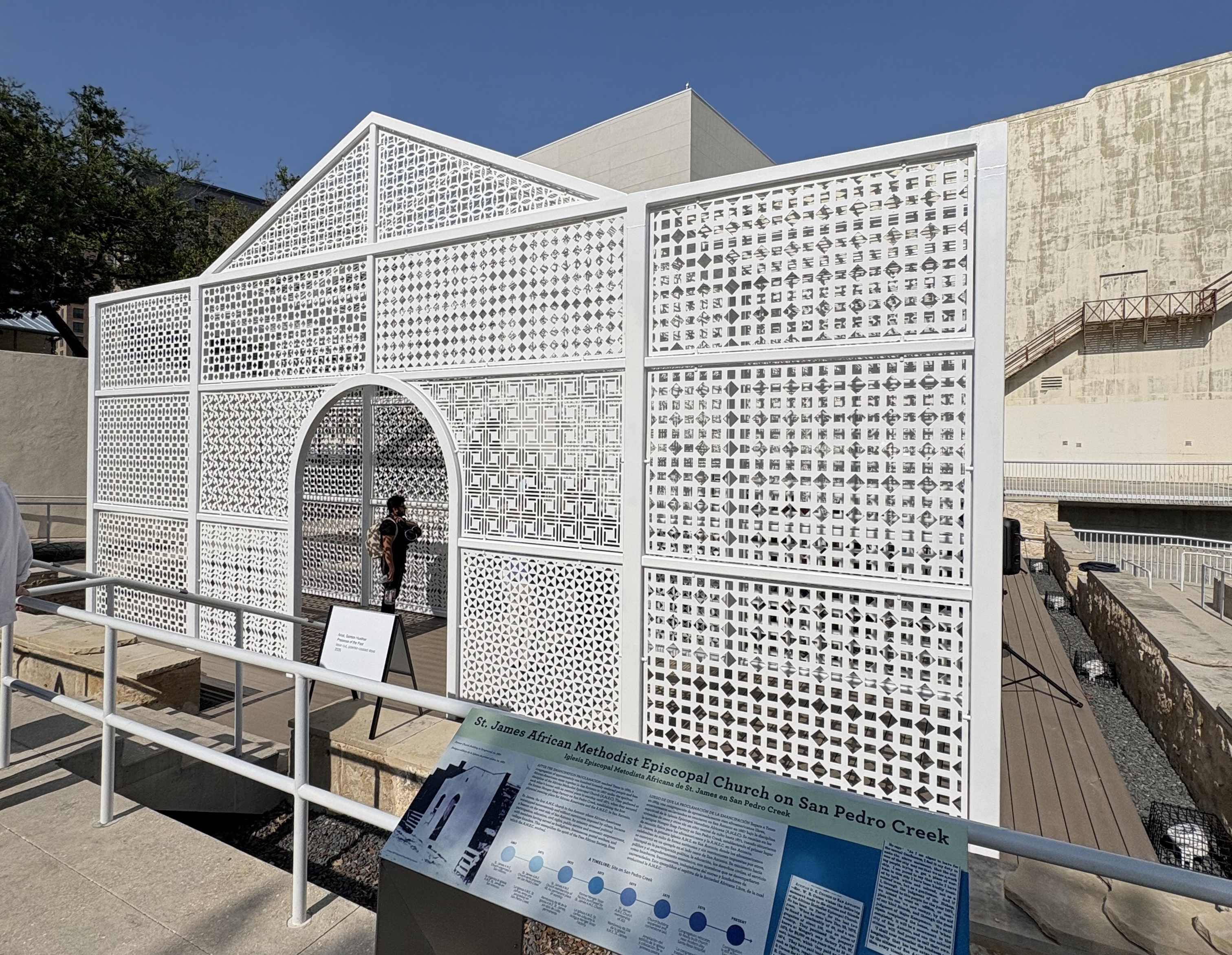 Artist Gordon Heuther’s “Presence of the Past” installation recreates the façade of the original St. James African Methodist Episcopal Church on San Pedro Creek.