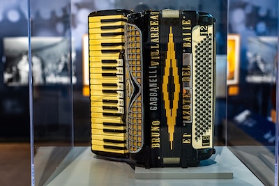 Piano accordion belonging to Bruno Villarreal, loaned by the Texas Music Museum. Puro Conjunto marks the first time this item has been exhibited outside of its home institution.