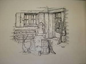 Object: Drawing (Mary Crownover Rabb Churning) | UTSA Institute Of Texan Cultures