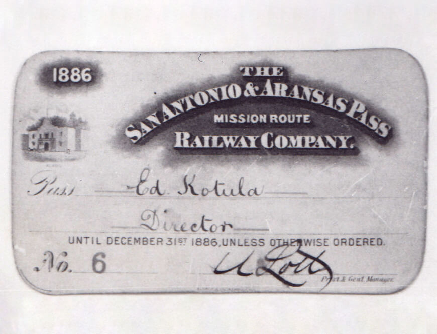 Front of Railway Pass for the San Antonio & Aransas Pass for the Mission Route Railway Company