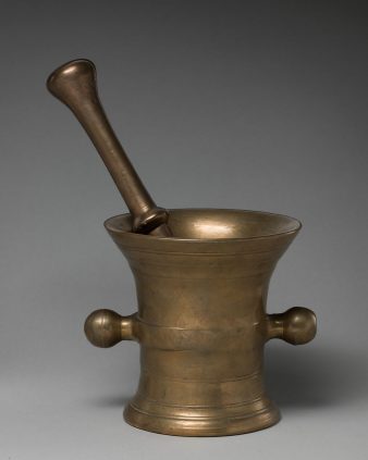 British or American 18th Century brass Mortar and pestle. Public Domain image via the Metropolitan Museum of Art.